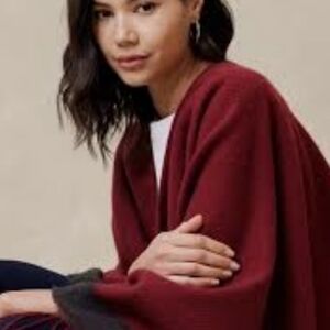 Burgundy & Black Stripe Fringed Poncho/Wrap